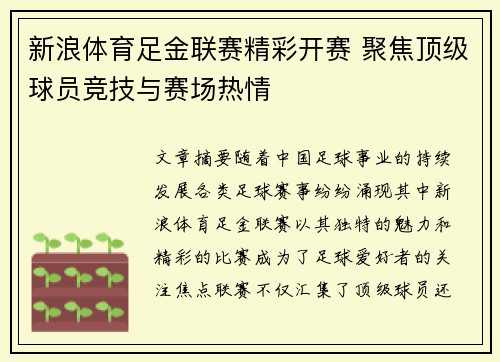 新浪体育足金联赛精彩开赛 聚焦顶级球员竞技与赛场热情